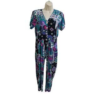 Vintage 80's Elite Women’s S Jumpsuit Abstract Geo Print Button Front Statement
